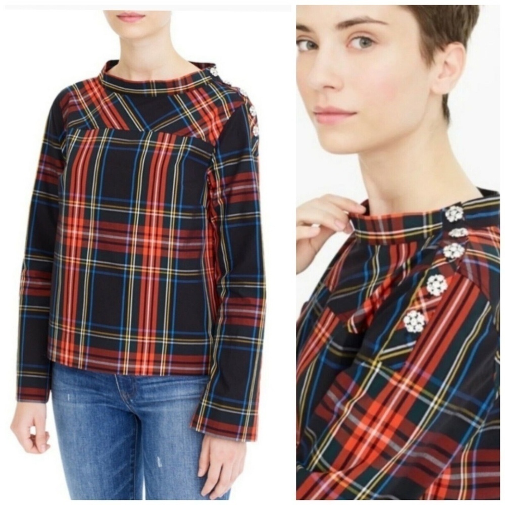 J. Crew Holiday Collection Funnel neck Stewart Tartan Plaid Jeweled Top